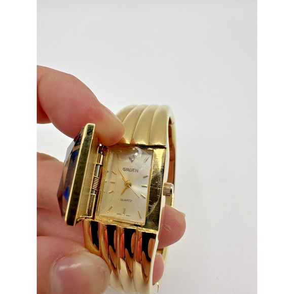 Gruen GR7425 Vintage Gold Tone Hinged Bangle Watch Blue Faceted Dial main image 10